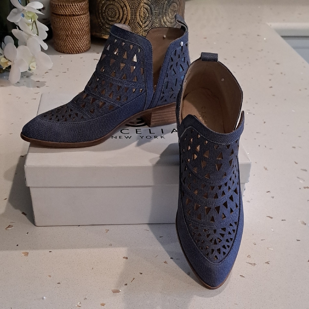 Cecelia New York Catherine Perforated Denim Ankle Booties